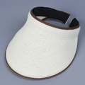 Detail of summer straw sun visor with cream weave, brown trim, and inner sweatband - M(56-58cm) / White