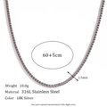 Mens silver 316L stainless steel box chain necklace with polished 2.5mm square links - 2.5mm Box Chain (60+5cm)