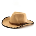 Western camel cowboy hat with dark brown leather band and black whipstitch edge detail - M (56-58cm) / Camel Hat with Black Whipstitch Edge