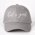 Detailed view of the God is good embroidery on a gray cotton adjustable baseball cap - One Size / Gray