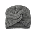Detailed close-up of gray knit turban hat featuring a decorative bohemian cross knot design - Dark Gray