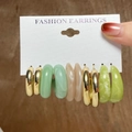 Retro 5-pair acetate and gold metal hoop earring set in diverse textures and tones - Green Acrylic Gold Hoop Set (54194)
