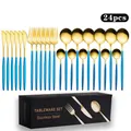 24-piece stainless steel cutlery set with gold heads and matte blue handles in a box - 24-Piece Set / Blue Gold