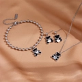 Silver stainless steel jewelry set with black bear and white heart love charms - Black Shell Steel Color Bear Jewelry Set