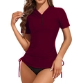 Women's burgundy short sleeve surfing top with zipper and adjustable drawstring sides - Burgundy