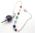Seven chakra natural amethyst pendulum pendant with silver chain and multi-color beads - Amethyst