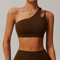 One-shoulder brown yoga set with asymmetric hollow sports bra and high-waisted leggings - Birch Tea Brown