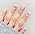 Detail of matte pink square-oval press-on nails with white dots and heart patterns - Matte Pink Polka Dot Heart Squoval Style (CW791)