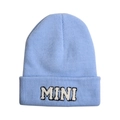 Close-up of light blue beanie with white MINI letter embroidery and knit texture - MINI-Kids Style / Blue