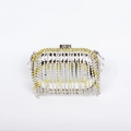 Silver acrylic evening clutch bag with yellow and white rhinestone tassels and metal clasp - Silver (Yellow Tassel)