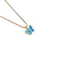 Elegant gold butterfly necklace with blue enamel and rhinestone on white background - Blue