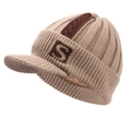 Warme gerippte Strickmütze mit S-Patch und Fleece-Futter in Beige und Braun für den Winter - Fleecegefüttert Einheitsgröße / Khaki