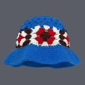 Blue hand-crocheted bucket hat featuring colorful floral patchwork patterns - One Size / Blue Hollow Floral Hat