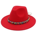 Detailed texture of red wool felt fedora featuring a colorful ethnic braided band - Red / M(56-58cm)