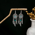 Bohemian dreamcatcher earrings with turquoise stone and silver-finish feather charms - E2605-3 Dreamcatcher Sapphire-look