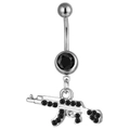 Silver rifle shaped navel ring featuring black cubic zirconia stones on white background - Black