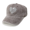 Close-up of heart-shaped rhinestone pattern on dark grey washed cotton baseball cap - Coffee