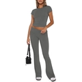 Women's dark grey two-piece lounge set with crew neck crop top and flared pants - XS / Top And Bottom / Short Sleeve Dark Gray