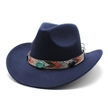 Close-up of ethnic woven band with turquoise stone on dark blue wool cowboy hat - M (56-58cm) / Navy Blue