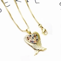 Detail of gold box chain and heart pendant with colorful zircon stones and wings - Angel Wings Heart-Gold (with Necklace)