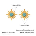 Detailed view of sunburst stud earrings with turquoise stone and dimensions in inches - Gold Turquoise Style (YYE023139-B)