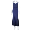 Elegant navy blue backless satin evening dress with a slim fit fishtail silhouette - XS / Blue