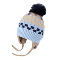 Knitted kids earflap hat in light blue and beige with faux fur pom and tie straps - Jacquard Little Tree / Sea Mist Blue