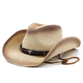 Retro hand-woven western cowboy straw hat with gradient color and bull head emblem - M (56-58cm) / Gradient Beige-Coffee