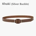 Women's minimalist khaki genuine leather belt with a polished silver rectangular buckle - Khaki (Silver Buckle)