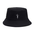 Cappello alla pescatora in cotone nero con ricamo a croce faith bianco in posa piatta - M（56-58cm） / Nero