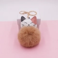 Detail of cute tricolor cat plush keychain with soft brown pompom and gold metal ring - (Gold Chain Clasp) / Khaki Flower Matte 3.8cm
