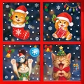 Christmas window stickers featuring cute cartoon cats with snowflakes and gift boxes decoration - Set of 4 BQ627+629+633+635