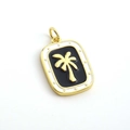 Rectangle palm tree charm pendant in black enamel with golden finish and white circle - Tropical Coconut Tree Black Base Pendant