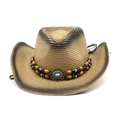 Dettaglio di un cappello da cowboy in paglia con fascia di perline e turchese - M (56-58cm) / Cachi & Nero