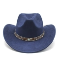Detail view of navy blue faux suede cowboy hat with bohemian ribbon and rivet accents - M (56-59cm) / Navy Blue Suede