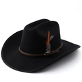 Detail of black western felt cowboy hat featuring a woven leather band and vibrant feathers - All Black with Black Binding