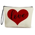 Canvas makeup bag with red heart and love print, zipper closure and wrist strap - Style 2 (Heart Love Print)