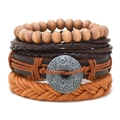 Fashionable multilayer braided leather bracelet with wooden beads and alloy totem charm - Brown Multi-layer Combination