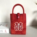 Red knitted handbag with white Xi character pattern and Love button closure for women - Red Flower Chinese Happiness Pattern