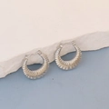 Detail of silver oval earrings with radiant pleated texture on a textured stone surface - Silver Radial Texture Crescent