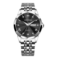 Men's luxury quartz watch with black sunburst dial, day-date display, and steel strap - EU Standard Solid Steel Band Butterfly Buckle / Silver Black Dial