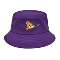 Detail of creative bear graphic emerging from zipper on purple cotton bucket hat - M (56-58cm) / Purple