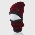 Winter knitted beanie hat and neck scarf set with warm fleece lining in burgundy red - One Size / Burgundy