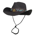 Classic black straw cowboy hat with turquoise bull embroidery and adjustable chin strap - M (56-58cm) / Black