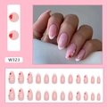 Pink French almond press-on nails with sweet heart patterns and 24 piece set display - Simple Heart (W323)