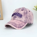 Detail of distressed pink cotton baseball cap with Venezia embroidery and ripped edges - Light Purple