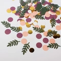 Detalle de hojas de papel verdes y confeti redondo para decoración de mesa de fiesta - Hojas Verde Oscuro + Círculos de Oro/Carmesí/Púrpura (200pcs)