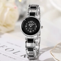 Dettaglio orologio al quarzo da donna con cinturino in ceramica e indici in strass - Argento/Nero (8016)