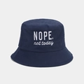 Detail view of the 'NOPE. not today' white embroidery on a navy cotton bucket hat - M (56-58cm) / Navy Blue