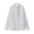 Fashionable black and white vertical striped poplin shirt with a stylish tie scarf collar - XS / Grey and White Stripes